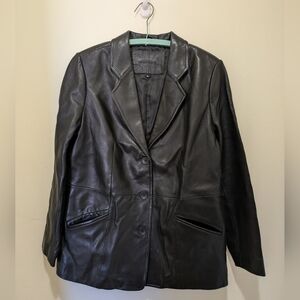Encore Women's Black Leather Coat - size Petite Large